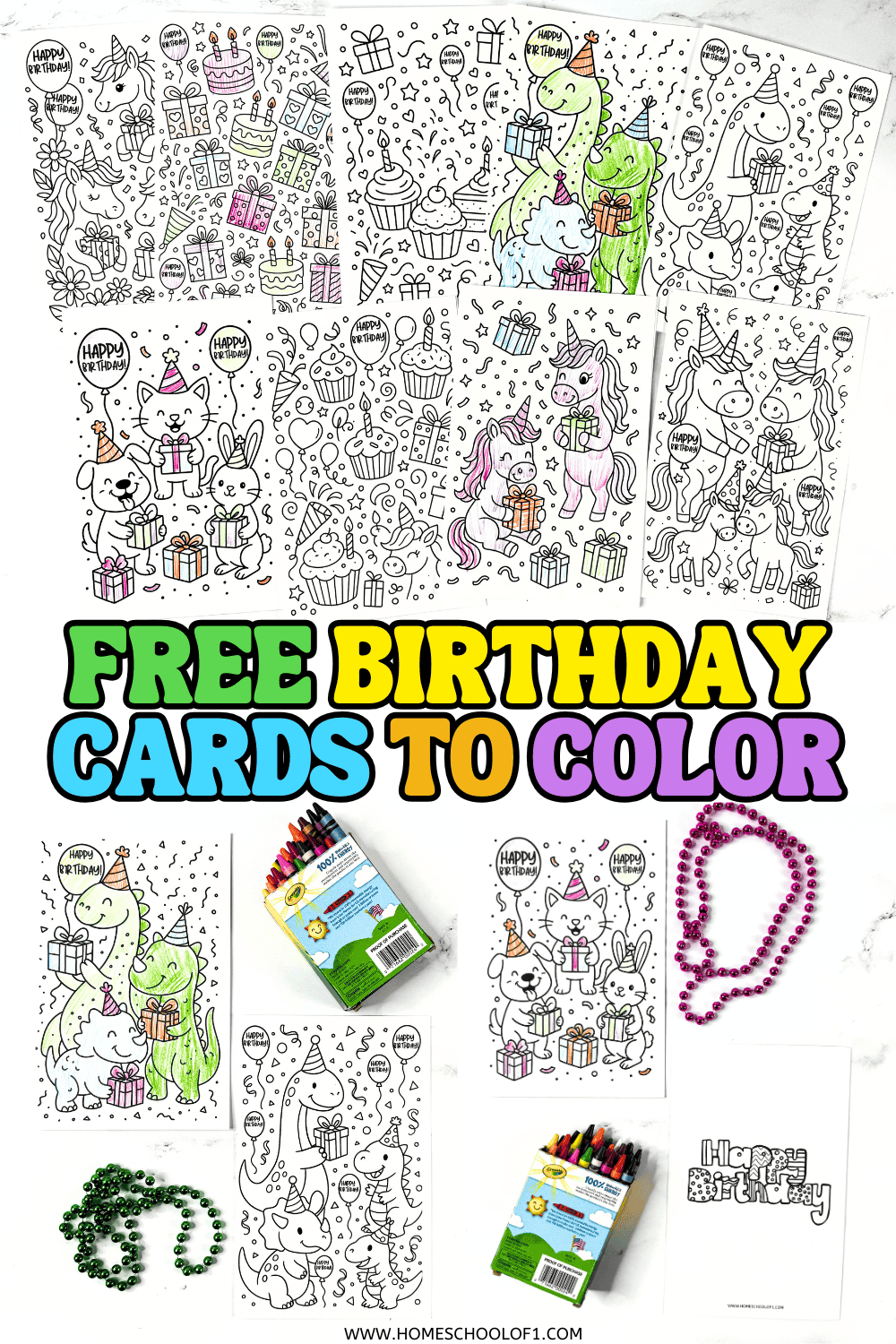 Free printable birthday cards to color featuring unicorns, dinosaurs, cupcakes, balloons, and kawaii animals, ready to personalize.