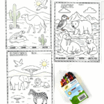 Desert, Arctic, and Savanna habitat coloring pages for kids with animals like camel, puffin, lion, and zebra.