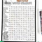 Free printable history word search puzzle for kids with 20 history vocabulary words and coloring illustrations, shown with pens for classroom or homeschool use.