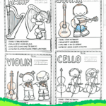 Printable music coloring pages for kids featuring harp, guitar, violin, and cello with labeled facts and tracing practice.