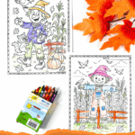 Free printable scarecrow coloring pages for kids with pumpkins, cornfields, and fall leaves.
