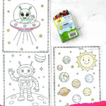 Free printable space coloring page set with a friendly alien in a UFO, a robot, and planets with a smiling sun.