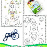 Free printable space coloring sheets featuring rockets blasting off into space, with planets and stars in the background.