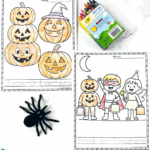 Free printable jack-o’-lantern and trick-or-treater Halloween coloring sheets with crayons and spider props.