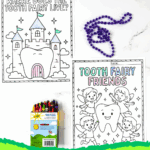 Tooth Fairy castle coloring page and Tooth Fairy friends worksheet with crayons and beads.