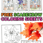 Free scarecrow coloring sheets with pumpkins, barns, raccoons, and fall harvest scenes for kids.