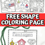 Free shape coloring page set with a close-up of the pentagon worksheet featuring houses, lanterns, and birdhouses plus the full collection of six shapes.
