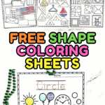 Six free printable shape coloring sheets for kids including circle, square, rectangle, triangle, oval, and pentagon with a close-up of the circle page.