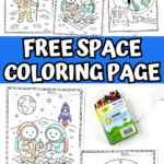 Free space coloring page set featuring astronauts, rockets, aliens, planets, and a space station window view.