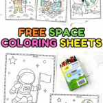 A collage of free printable space coloring pages including rockets, astronauts, aliens, planets, and a space station view.