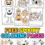 Free printable spooky Halloween coloring pages for preschool and kindergarten with pumpkins, monsters, ghosts, and more.