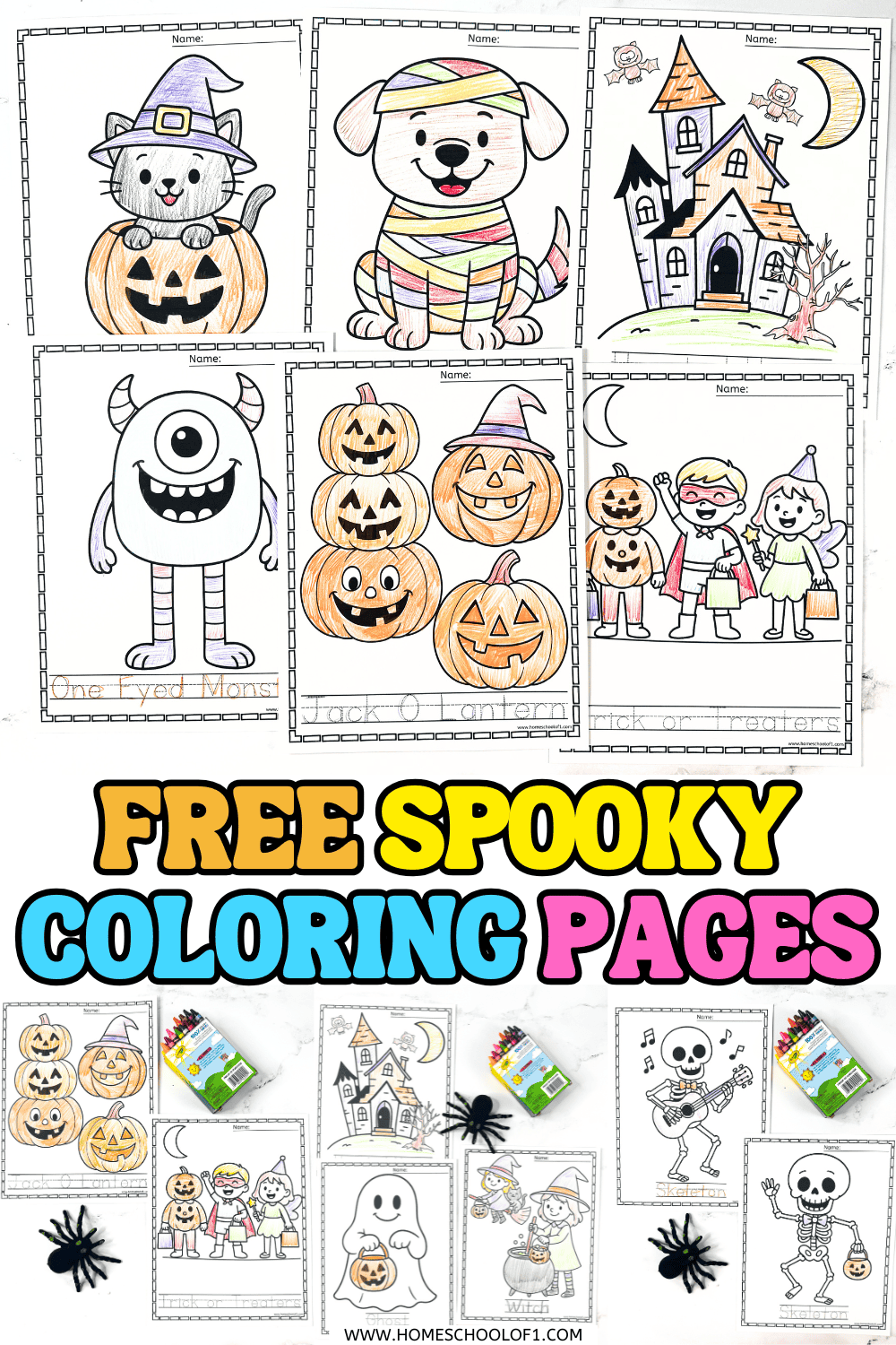 Free printable spooky Halloween coloring pages for preschool and kindergarten with pumpkins, monsters, ghosts, and more.