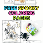 Cute Halloween-themed coloring pages with a cat in a pumpkin, a mummy dog, haunted house, and costumed kids.