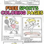 Free sports coloring pages collage with multiple sports including soccer, basketball, gymnastics, and track & field.