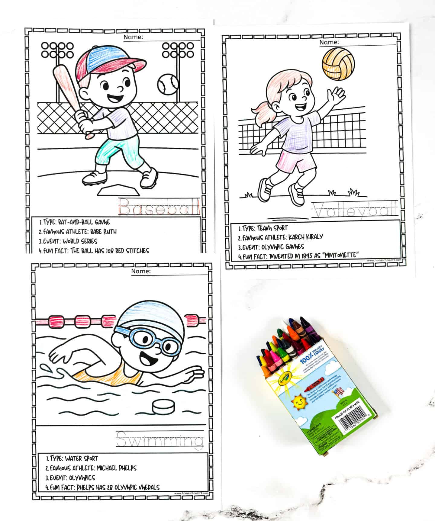 Printable sports coloring pages showing baseball, volleyball, and swimming with fun facts and famous athletes for children.