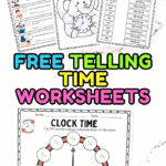 Free telling time worksheets featuring analog clocks, written time matching, and real-life daily routine questions.