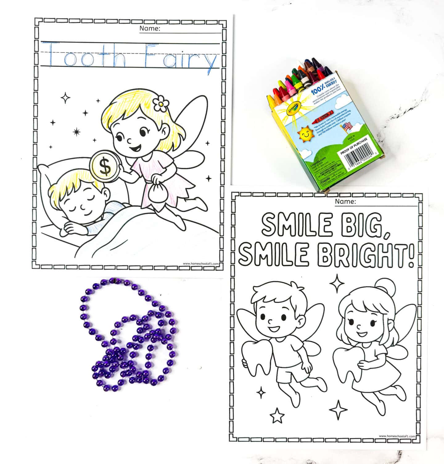 Two Tooth Fairy coloring printables for children: a tracing and bedtime Tooth Fairy page, and a “Smile Big, Smile Bright” design, shown with crayons and purple beads.