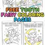 Set of Tooth Fairy coloring pages including castle, bedtime, brushing teeth, and magical quotes.