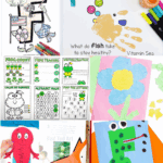 Collage of preschool Letter F activities including a handprint fish craft, frog worksheets, a torn paper flower, fox bookmark, red Dr. Seuss fish craft, and a frog letter F art project with the text “15 Fun Activities to Learn the Letter F.”