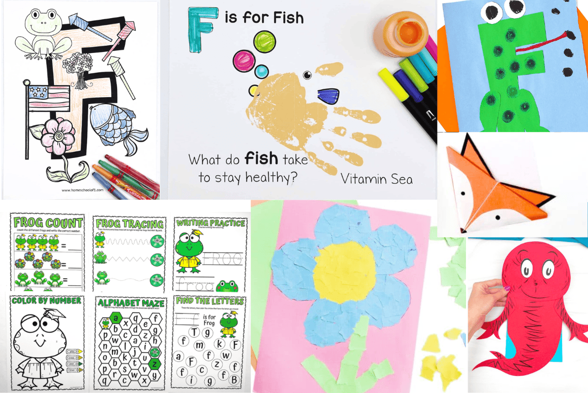 Collection of preschool Letter F crafts and worksheets featuring a handprint fish, frog math and tracing pages, a torn paper flower, a fox corner bookmark, and a red Dr. Seuss fish craft.