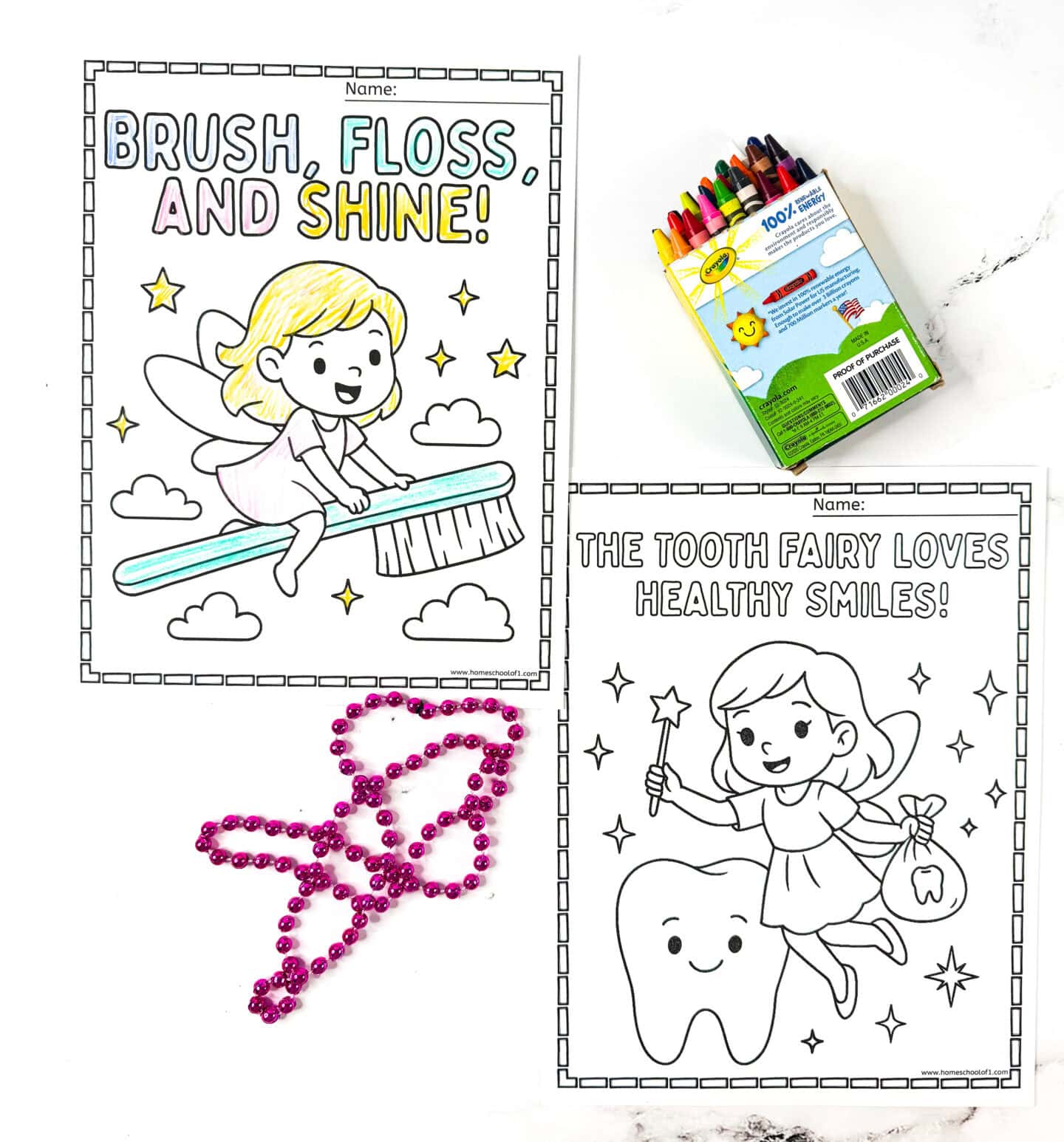 Two Tooth Fairy coloring sheets for kids featuring “Brush, Floss, and Shine” with a fairy holding a toothbrush, and “The Tooth Fairy Loves Healthy Smiles!” with a fairy holding a wand and bag.