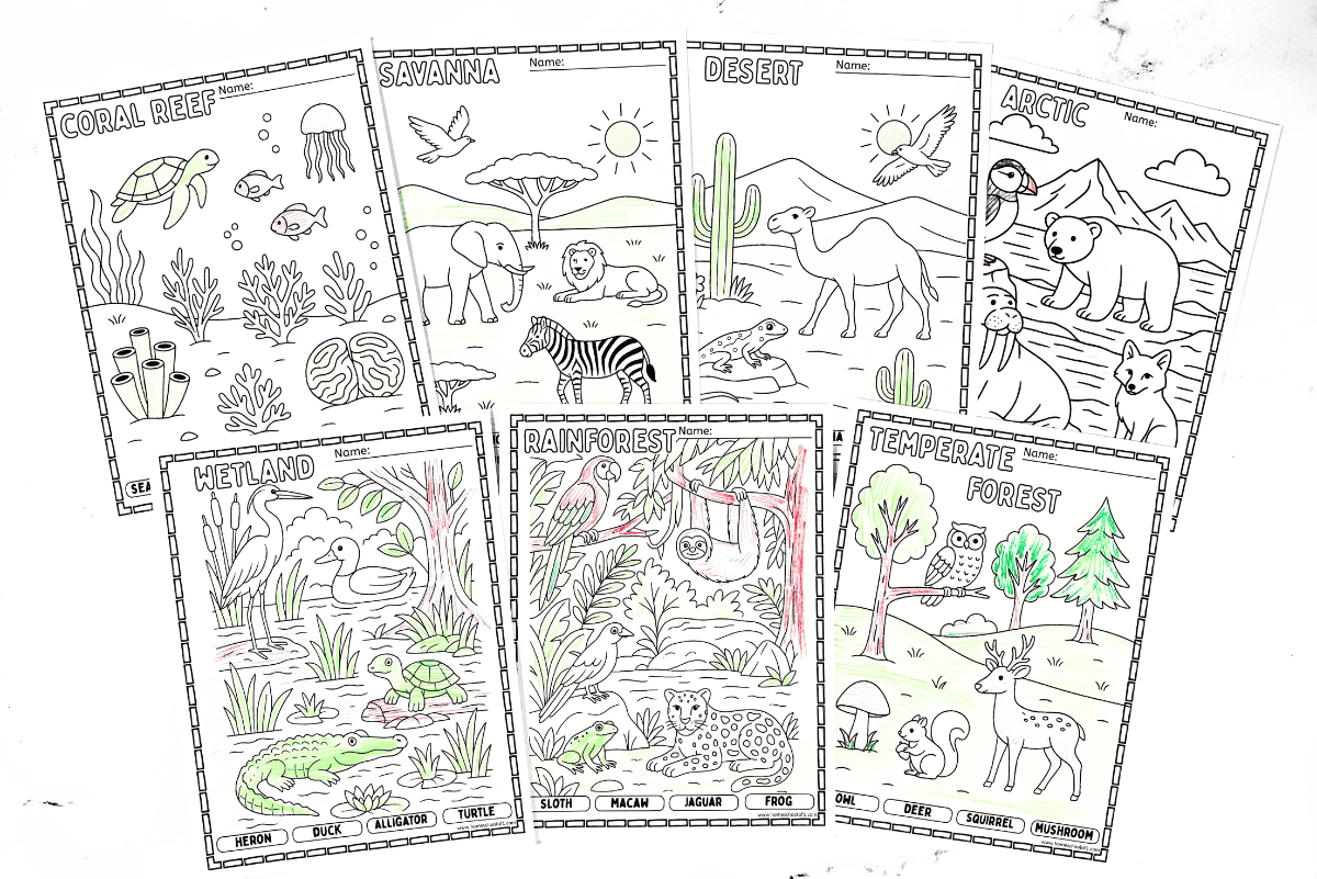 Full printable set of seven habitat coloring pages for kids, featuring animals from different environments.