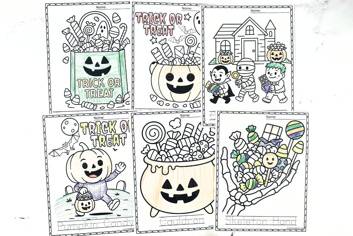 Six Halloween candy coloring pages showing trick-or-treat bags, pumpkin bucket, skeleton hand, cauldron, and monsters.