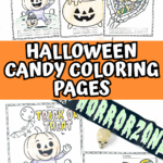 Assortment of Halloween candy coloring pages including trick-or-treat bags, ghost jar, cauldron, pumpkin bucket, and skeleton hand.