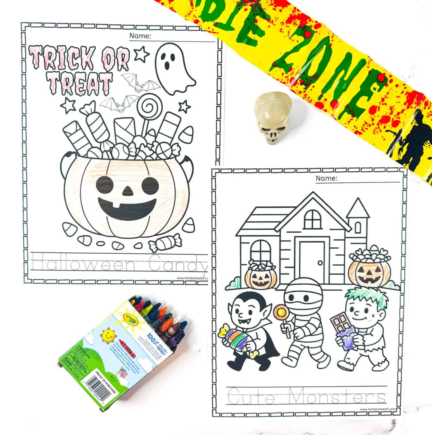 Halloween candy coloring sheets featuring a pumpkin bucket, vampire, mummy, and Frankenstein carrying candy, plus a trick-or-treat bag page.