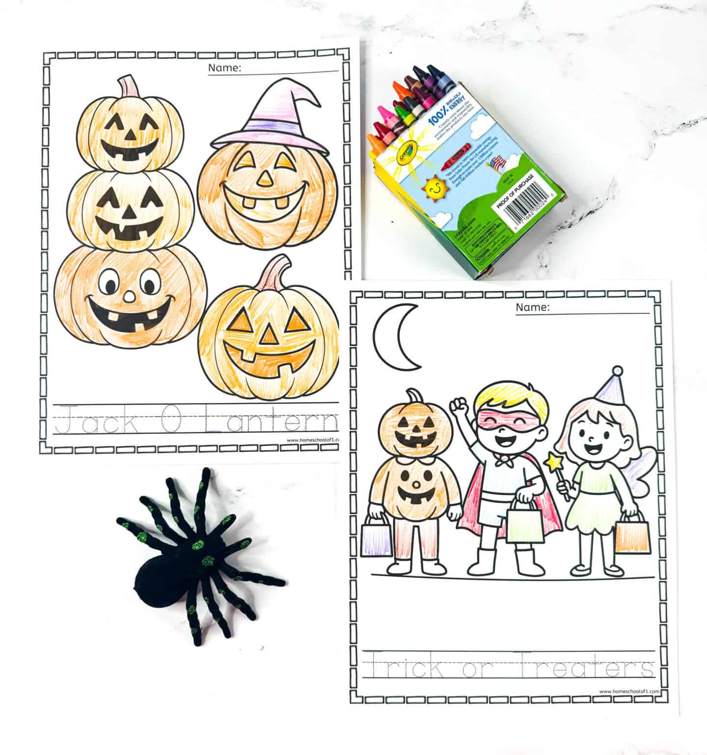 Free Halloween coloring pages showing jack-o’-lanterns and children dressed in costumes for trick-or-treating.