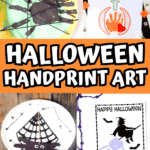 Collage of Halloween handprint art including mummy, bat, pumpkin, witch, spider, ghost, cat, and Frankenstein crafts decorated with stickers and paint.