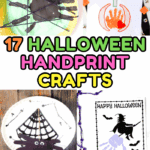 Halloween handprint crafts collage featuring mummy, pumpkin, witch, bat, Frankenstein, and spider templates made with paint and paper.