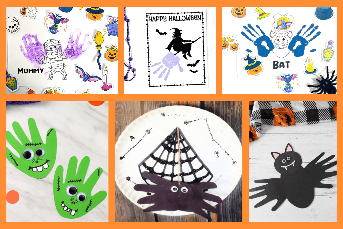 Collage of Halloween handprint printables showing mummy, witch, Frankenstein, spider, bat, and pumpkin handprint crafts for kids.