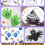 Collage of Halloween handprint crafts including Frankenstein, mummy, bat, pumpkin, witch, and spider handprints made with paint and googly eyes.