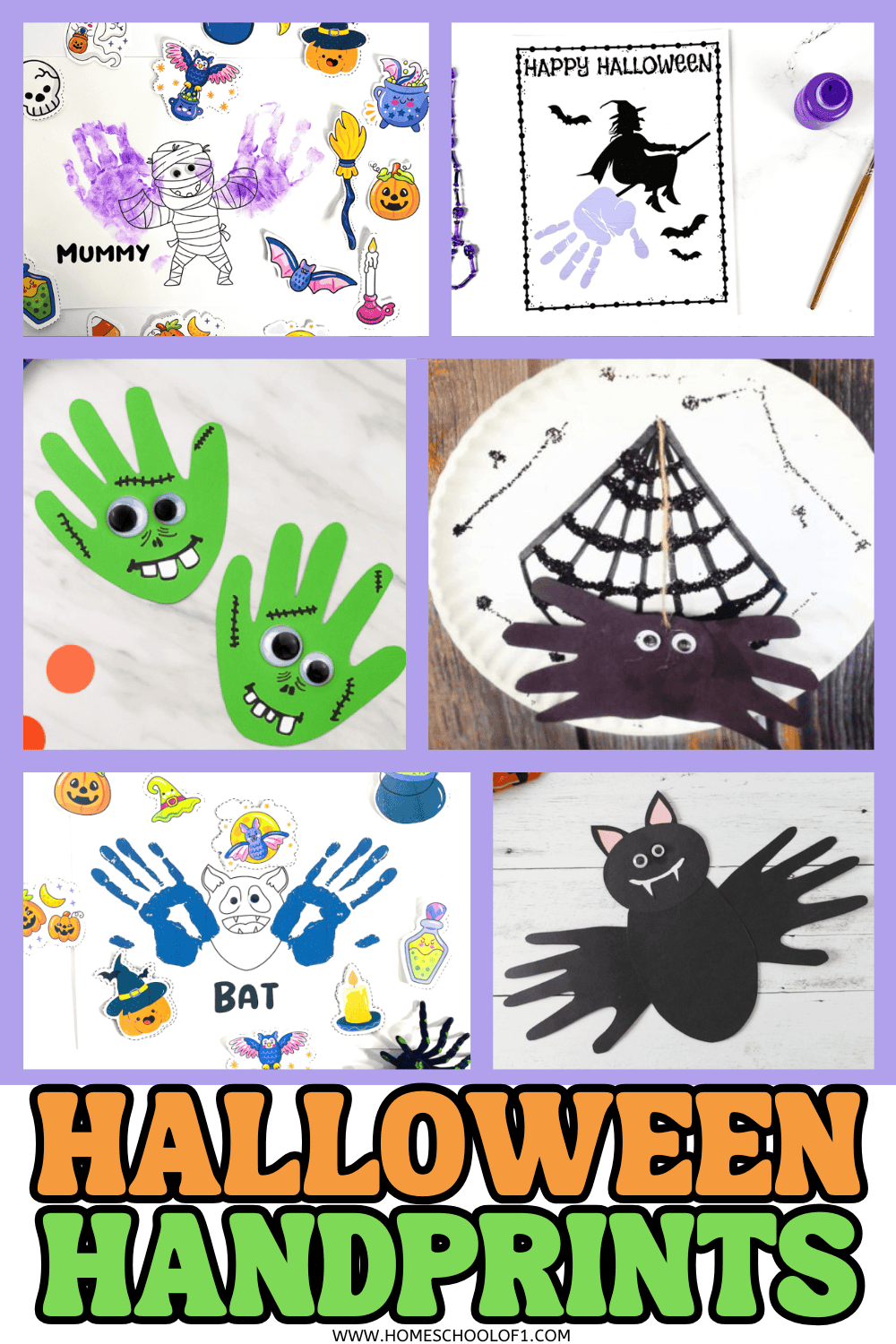 Collage of Halloween handprint crafts including Frankenstein, mummy, bat, pumpkin, witch, and spider handprints made with paint and googly eyes.