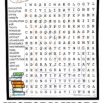Completed history word search puzzle for kids featuring 20 key vocabulary words like revolution, constitution, and democracy, with illustrations of the Colosseum and stacked books.