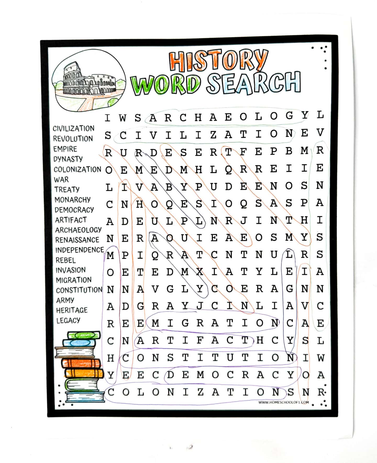 Completed history word search puzzle with 20 vocabulary words like constitution, democracy, and colonization, including Colosseum and book illustrations to color.