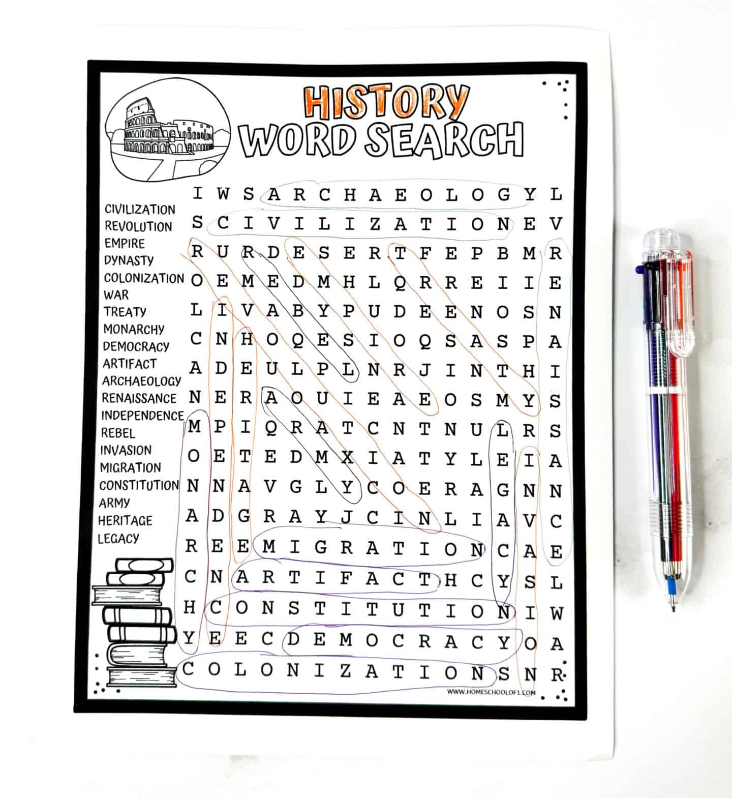 History word search printable activity with pen beside it, highlighting vocabulary words like artifact, heritage, and monarchy for middle school history practice.