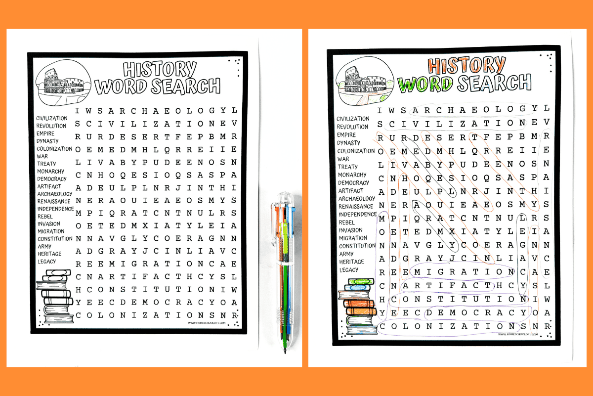 Side-by-side history word search printables, one blank puzzle and one completed, highlighting vocabulary words like artifact, heritage, and legacy for middle school history lessons.