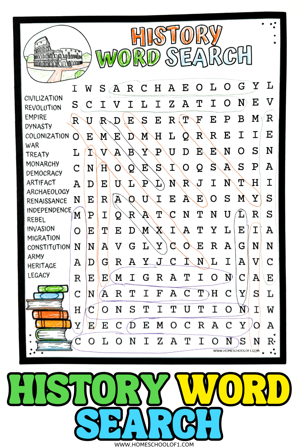 Completed history word search puzzle for kids featuring 20 key vocabulary words like revolution, constitution, and democracy, with illustrations of the Colosseum and stacked books.