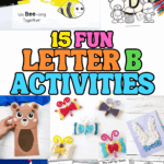 Letter B crafts and worksheets collage including bee handprint, bear puppet, boat craft, and tracing pages for preschool.