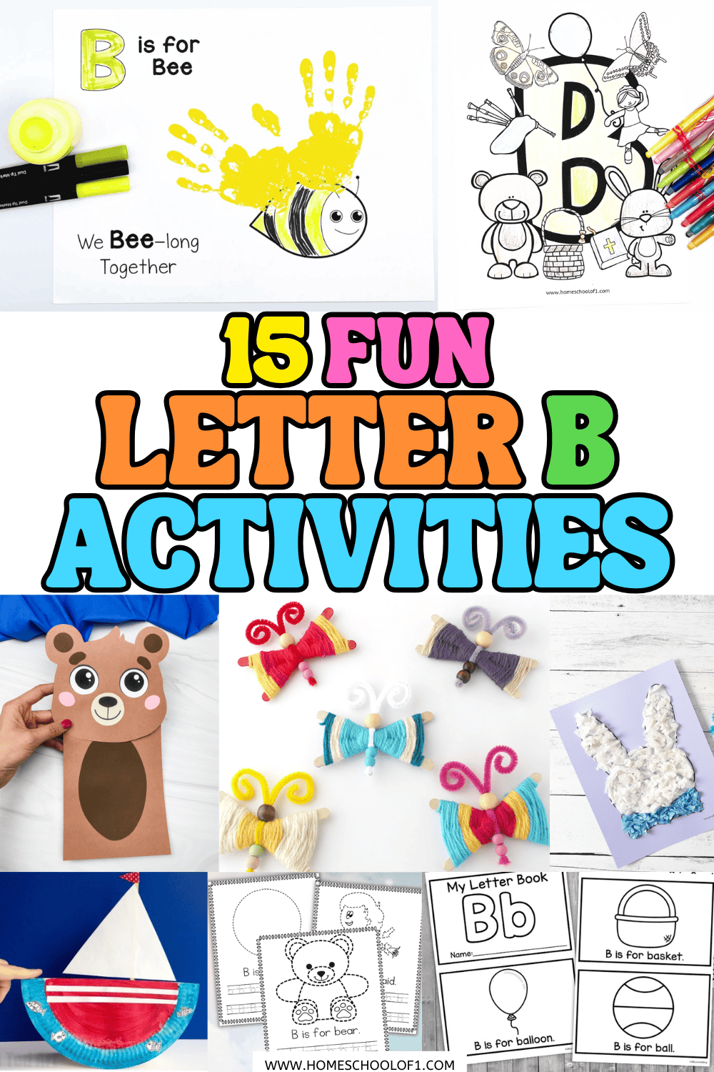 Letter B crafts and worksheets collage including bee handprint, bear puppet, boat craft, and tracing pages for preschool.
