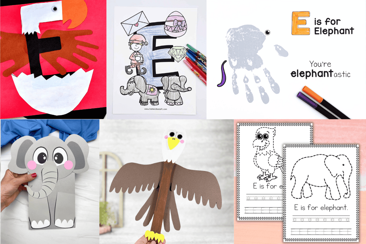 Collage of Letter E preschool activities including eagle handprint craft, elephant puppet, tracing worksheets, and coloring pages.