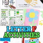 Collage of preschool Letter F activities including a coloring page with frog, fish, and flag, a handprint fish craft, frog worksheets, a torn paper flower craft, a fox bookmark, a dancing flamingo puppet, and a frog craft.