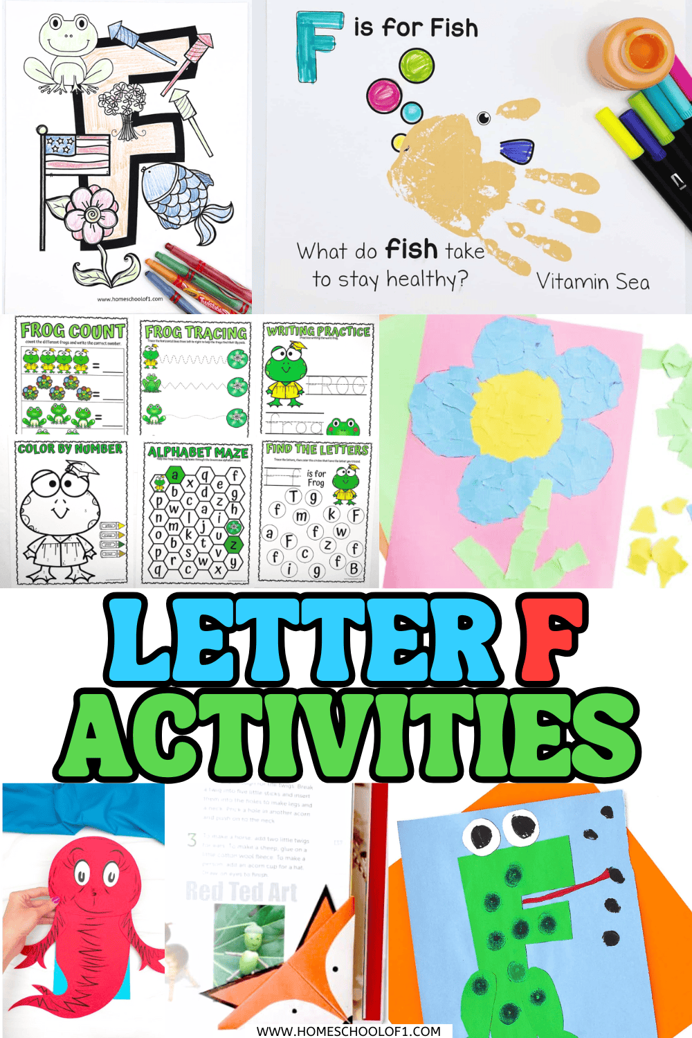 Collage of preschool Letter F activities including a coloring page with frog, fish, and flag, a handprint fish craft, frog worksheets, a torn paper flower craft, a fox bookmark, a dancing flamingo puppet, and a frog craft.