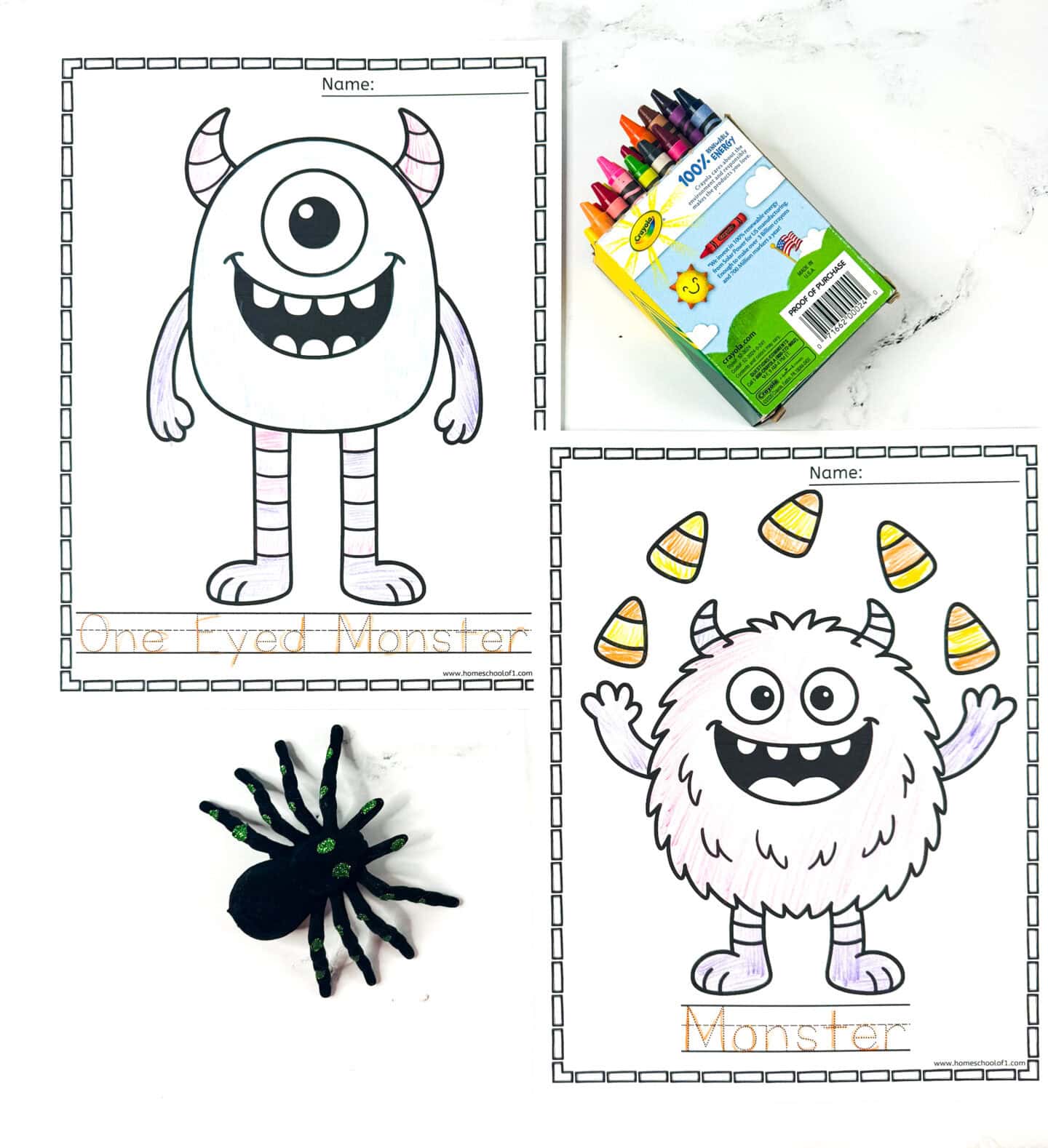Free printable monster coloring pages for Halloween, featuring a one-eyed monster and a fluffy monster surrounded by candy corn.