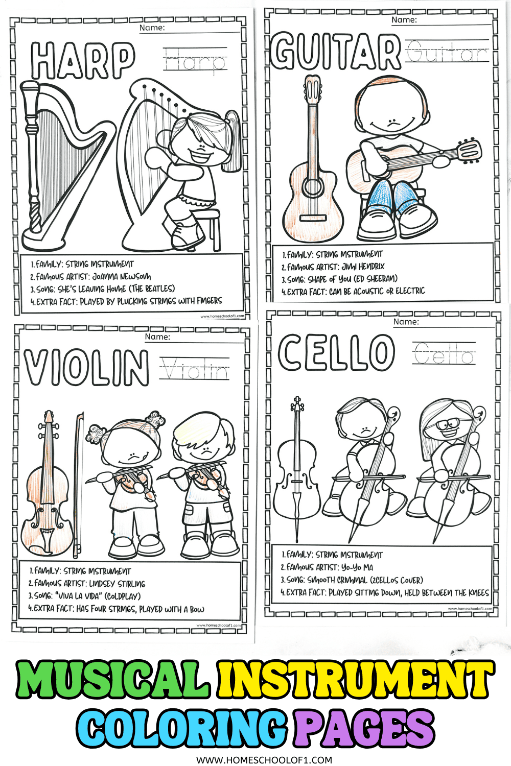 Printable coloring pages featuring harp, guitar, violin, and cello with fun facts, song titles, and bold outlines for kids.