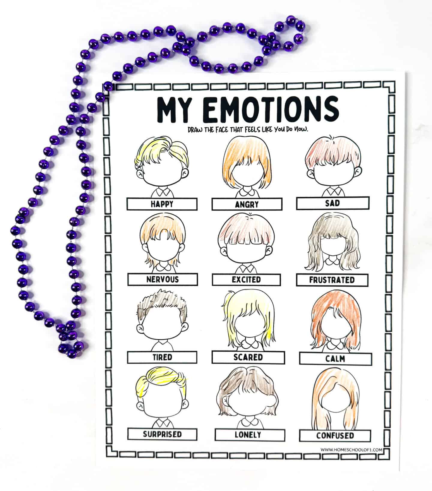 My Emotions feelings chart showing 12 illustrated faces labeled with different emotions like happy, sad, angry, and confused.