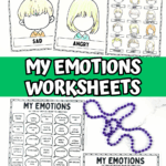 My emotions worksheets for children showing blank face templates labeled with different feelings like angry, happy, and sad.