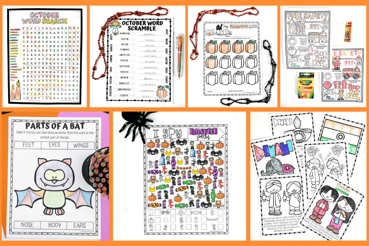 October printable activities for kids, including word puzzles, fire safety worksheets, bat labeling, Halloween I Spy, and Diwali coloring pages.